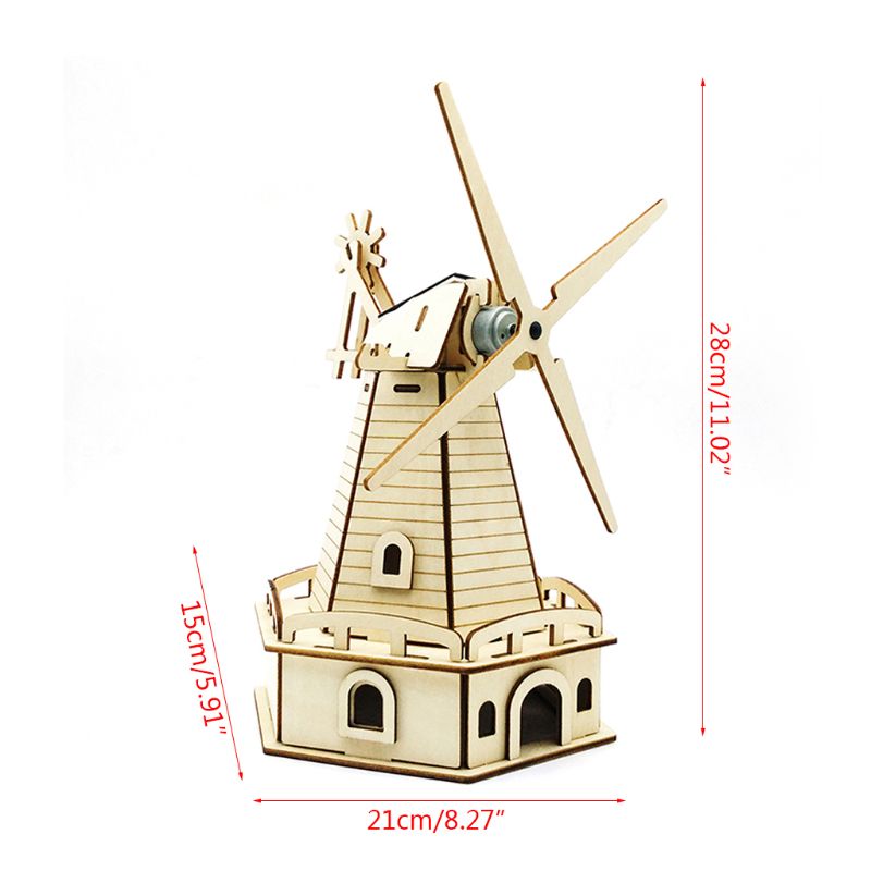 3D Assembled Wooden Puzzle Solar Energy Powered Windmill Jigsaw Model Building Kits for Adults Kids Educational Toy