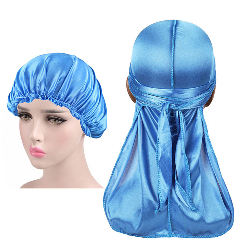 Silkemyk durag og pansersett for menn og kvinner langhale du-rag waves cap turban: Himmelblå