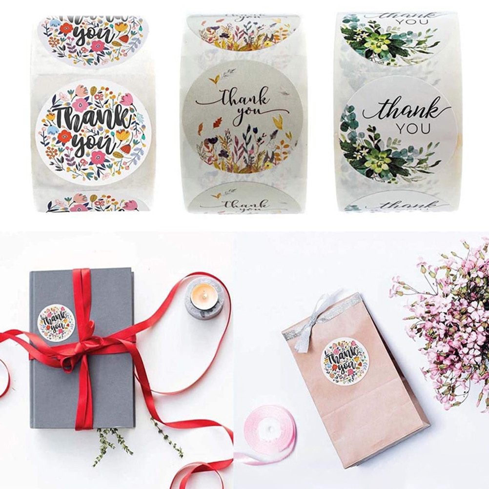 1 inch 500Pcs/Roll Round Floral Thank You Stickers Label for Wedding Favors and Party Handmade Stickers Envelope Seal