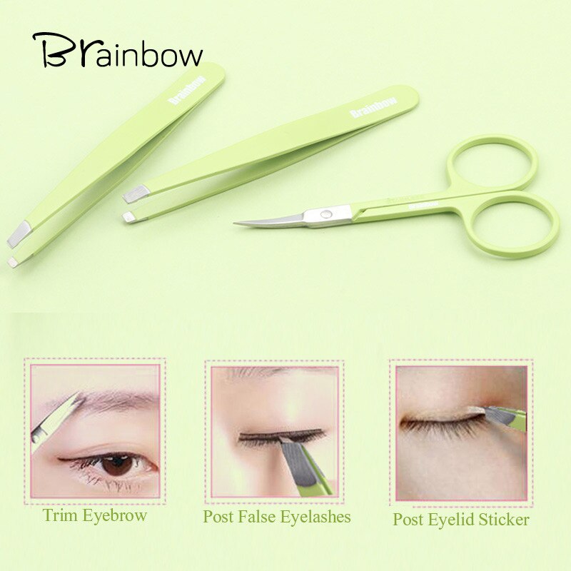 Brainbow 3Pc Professionele Make-Up Tool Set Kit Rvs Slant Platte Wenkbrauw Pincet Eye Ontharing Gebogen Make-Up Schaar