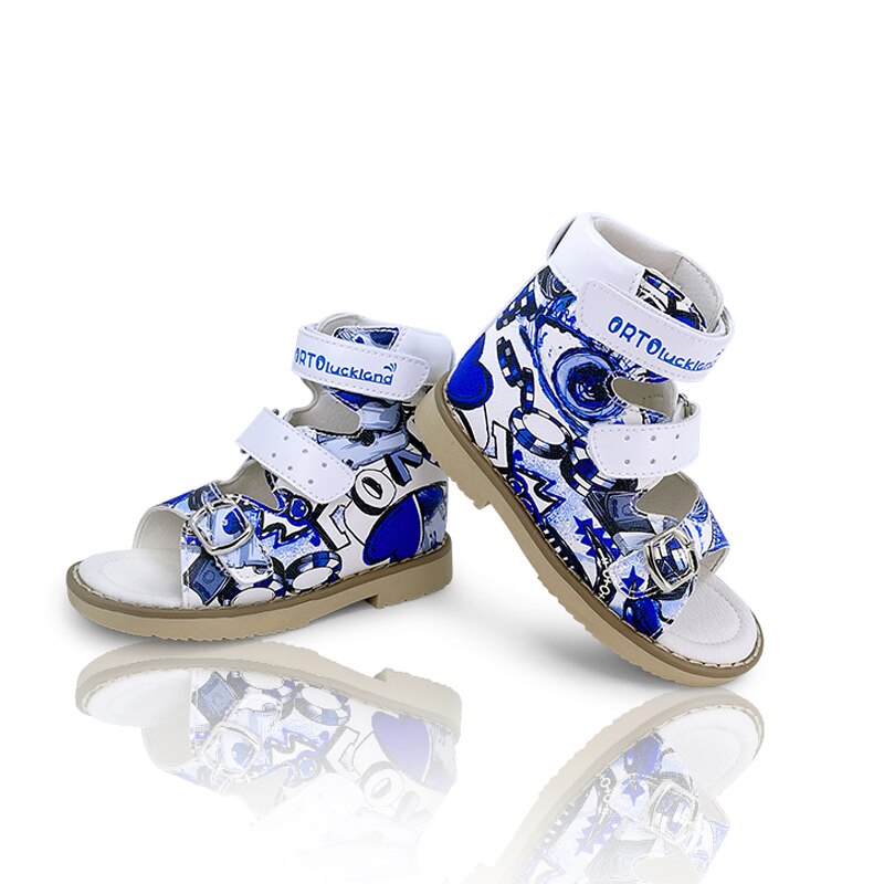 Ortoluckland Kids Princess Shoes for Boys Leather Sandals Children Orthopedic Shoes Printed Graffiti Summer School Sandals