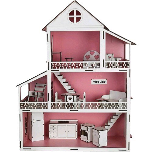Mippukid træ legehus trelags træ møbleret pink