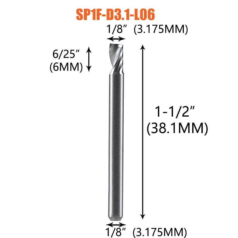 Dreanique 1pc Single Flute Spiral End Mill 1/8 1/4Inch Shank CNC Carbide Aluminum Inch Size Cutter for woodworking Acrylic ACM: 3mm