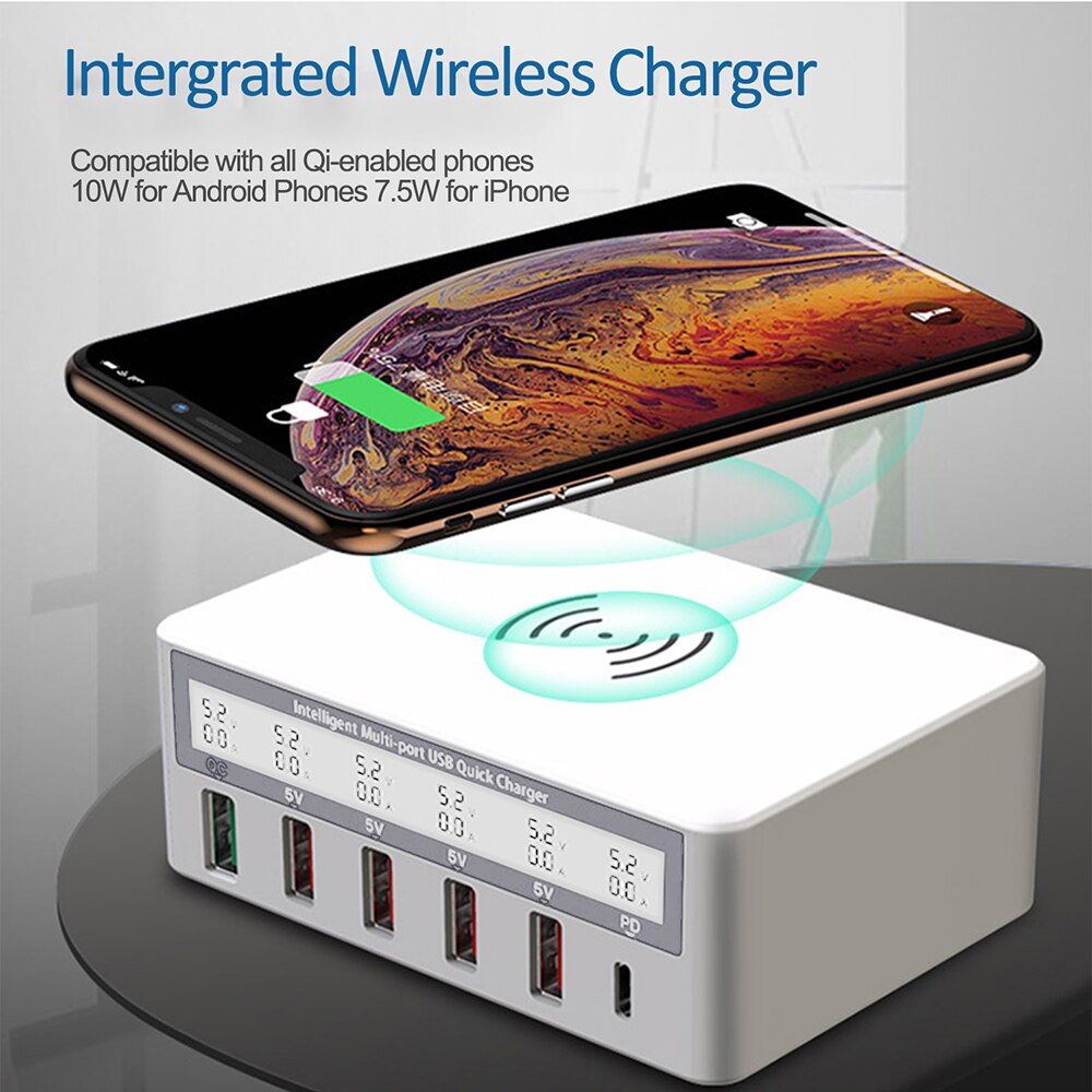 Ilepo 40W 6 Poorten Usb Fast Charger Draadloze Oplader Voor Iphone Samsung Xiaomi Huawei QC3.0 Pd Usb C Quick laadstation