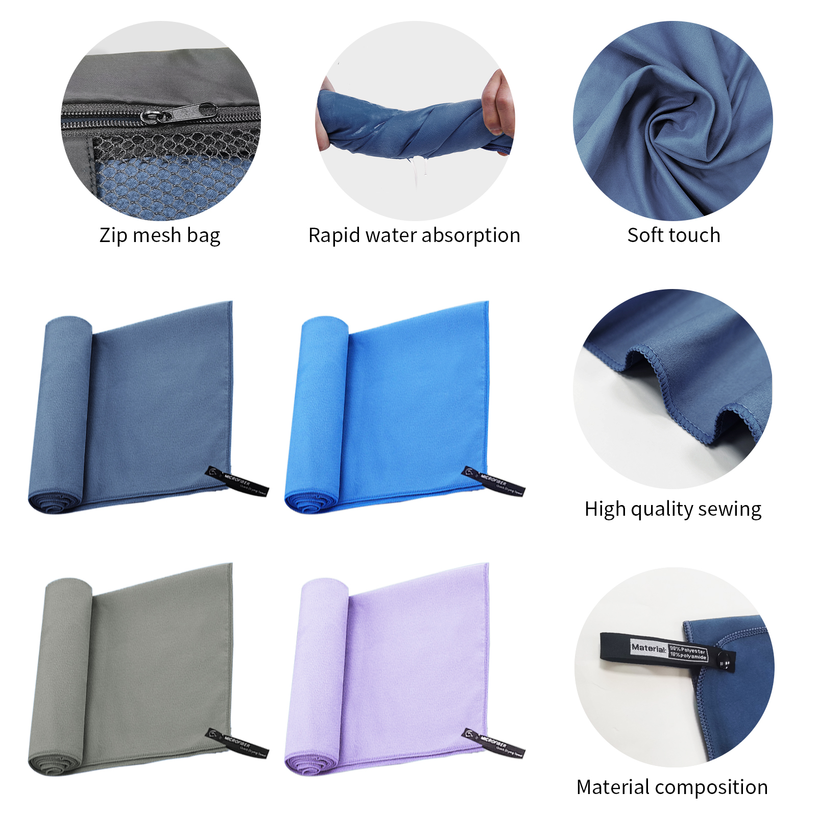 Serviette en microfibre Mutao avec sac en filet, serviettes absorbantes à séchage rapide pour le Camping, le Yoga, la randonnée