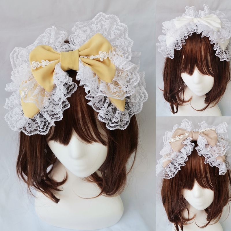 Lovely Sweet Hairband Maid Cosplay Headband Ruffled Lace Headwear Handmade Double Layer Bowknot Hair Accessory