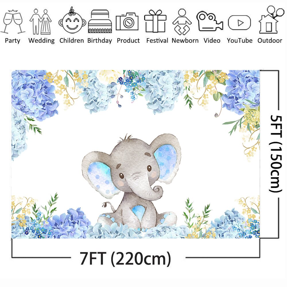Elephant Theme Photography Backdrop - Blue Floral Baby Shower Birthday Background