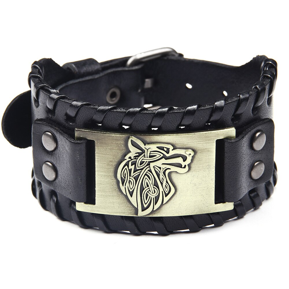 Vintage Men Weave Bangle Wide Leather Adjustable Wolf Head Bracelet Jewelry Vintage Wide Bracelets Nordic Viking Bracelet Men: GTS