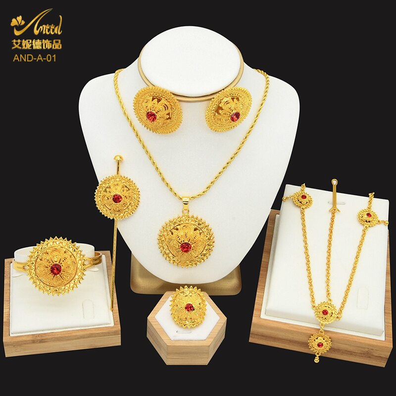 ANIID Dubai Ethiopian Flower Gold Plated 6pcs Jewelry Sets For Women Nigerian Luxury Necklace Jewellery Set Wedding Party: A-01-Gold