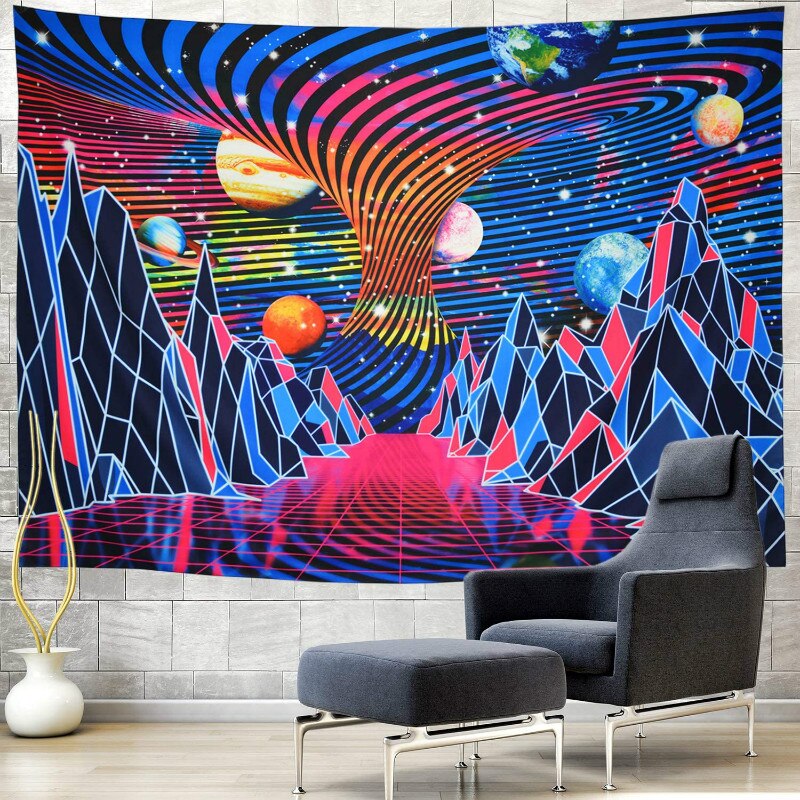 Trippy Mountain Planet Tapestry Hippie Waves Tapestry Retro Space Landscape Psychedelic Galaxy Stars Tapestry Wall Hanging