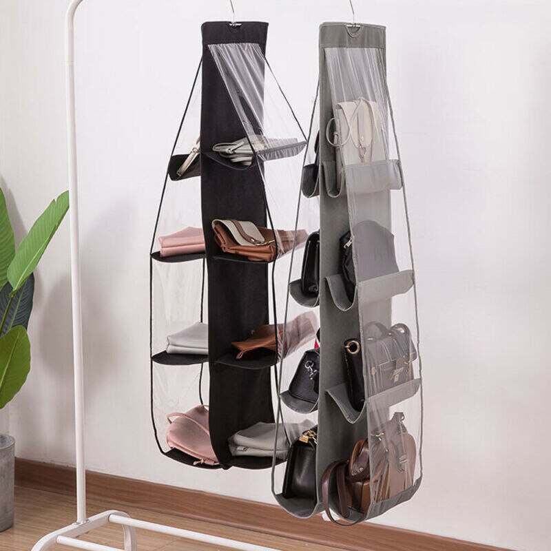 Hanging Storage Bag 6/8 Pocket Purse Handbag Tote Bag Storage Organizer Hanger Double Sides Hanging Storage Bag Wardrobe Closet