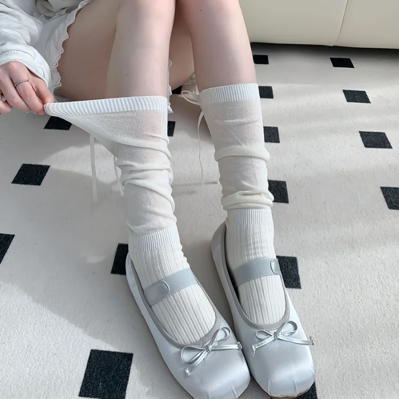 Lolita Long Socks Women Bandage Ribbon Bow Sweet Girls Kawaii Cute Middle Tube Socks Ballet Style Solid Color Black White Socks: SKY BLUE