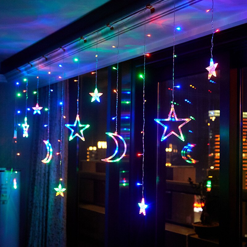 Cortina de luces LED con forma de luna y estrella para decoración, guirnalda de 3,5 M para Navidad, festividades, Año , cortina en la ventana