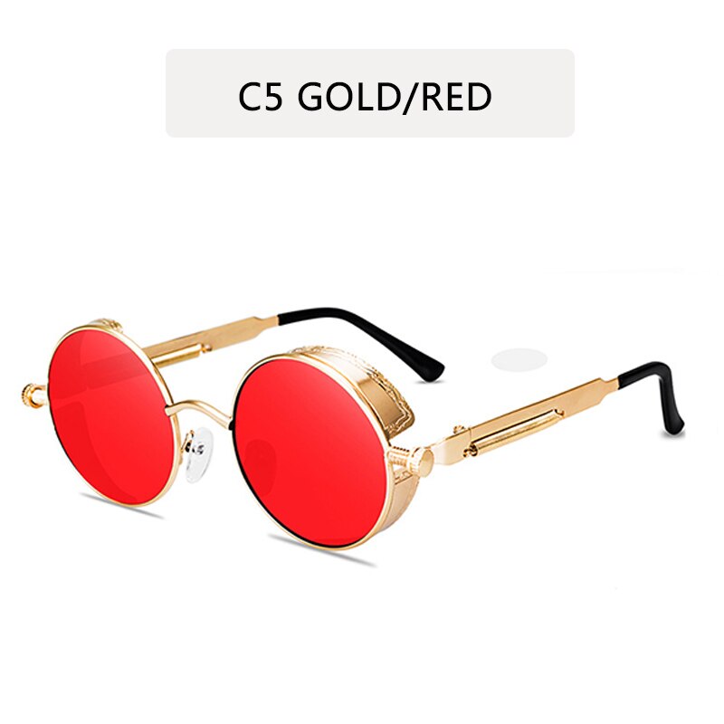 Klassisk gotisk steampunk stil runde solbriller mænd kvinder mærke retro runde metalstel farverige linse solbriller: C5