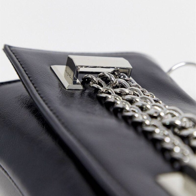 Gothic Punk Girls Black PU Leather Shoulder Bag Women Sliver Chains Subaxillary Bags 90s Vintage Harajuku Messenger Bag