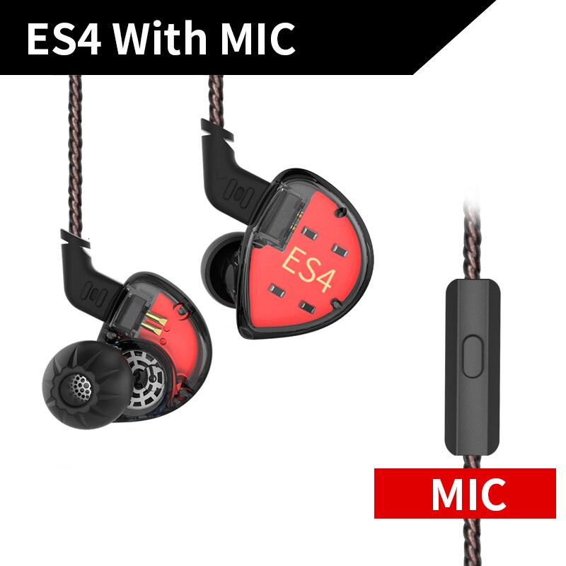 Kz  es4 in ohrhörer-monitor-headset mit dynamischen und armatur-treibern, hifi-bass, geräuschunterdrückung und ohrbügeln: Es4 schwarze mikrofone
