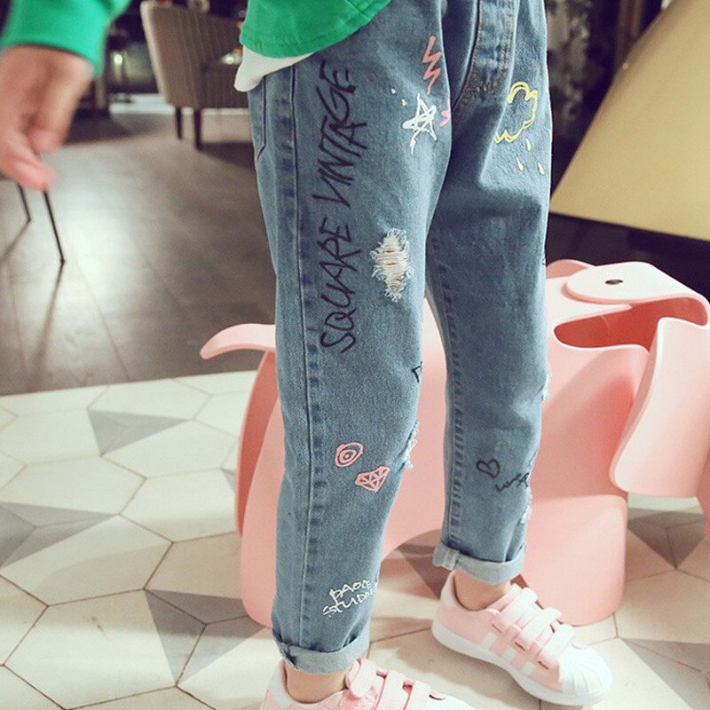 Pantalones vaqueros con estampado de grafiti para niños, ropa de primavera y otoño, con personalidad, informal, KJ29