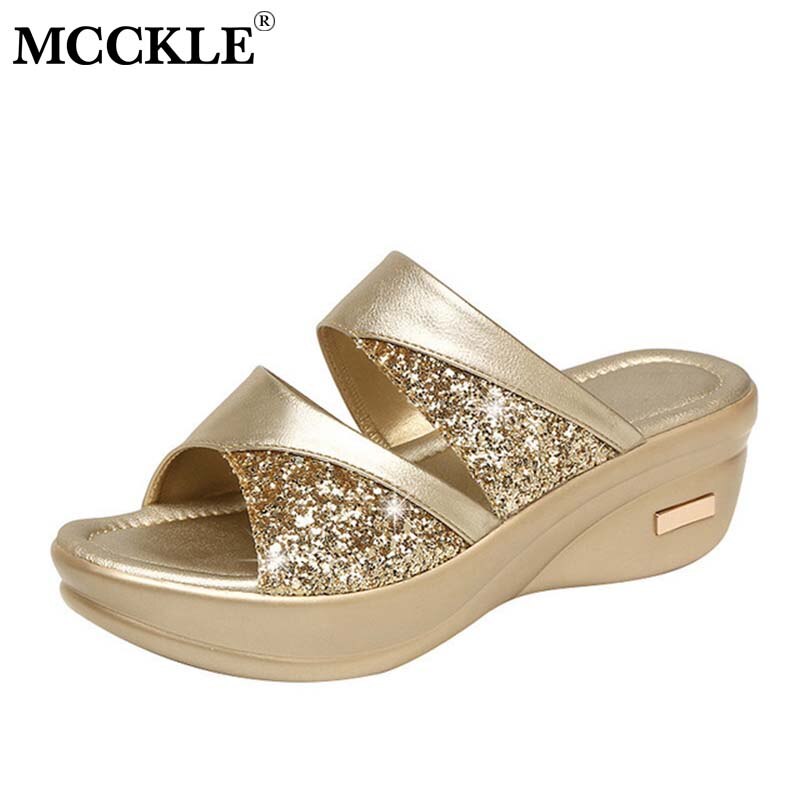MCCKLE Dames Bling Slipper Dames PU Lederen Wiggen Platte Schoenen Vrouwelijke Casual Sandalen Comfortabel Platform Vrouw Buiten Schoenen