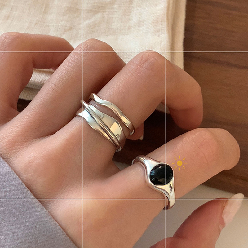 Anello da dito aperto in argento 925 pietra nera multistrato Punk geometrico impilabile per le donne ragazza gioielli regalo Dropship all'ingrosso