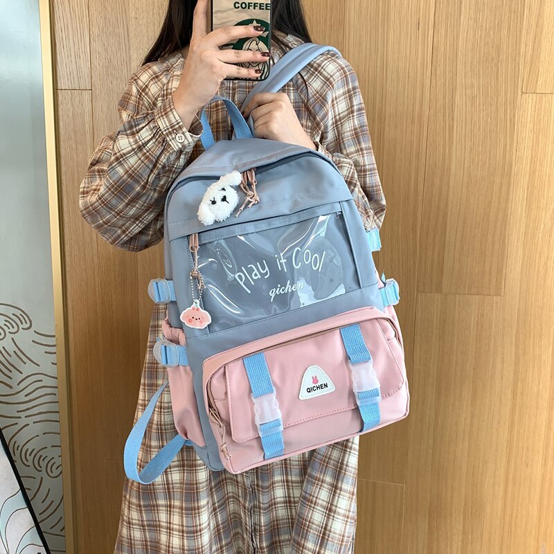 Waterdichte Badge Ita Vrouwen Rugzak Transparante Contrast Kleur College Gilrs Schooltassen Vrouwelijke Flap Multi-Pocket Laptop Rugzak