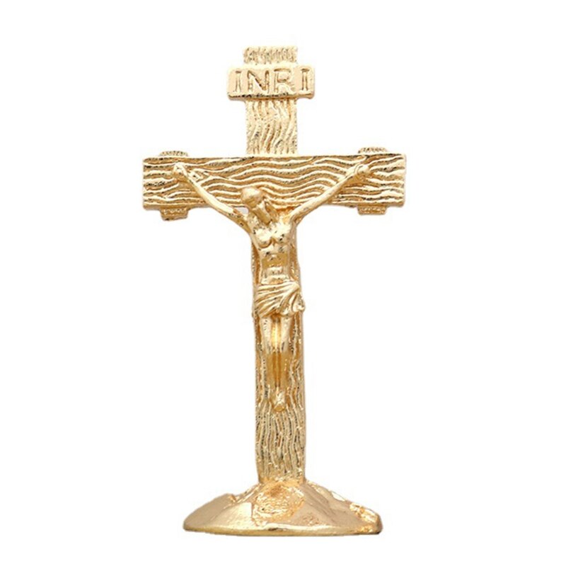 QX2E Kruisbeeld Muur Kruis Voor Opknoping Of Staand, Katholieke Houtnerf Jesus Cross Muur Tafel Decoratie Auto Ornamenten: Gold