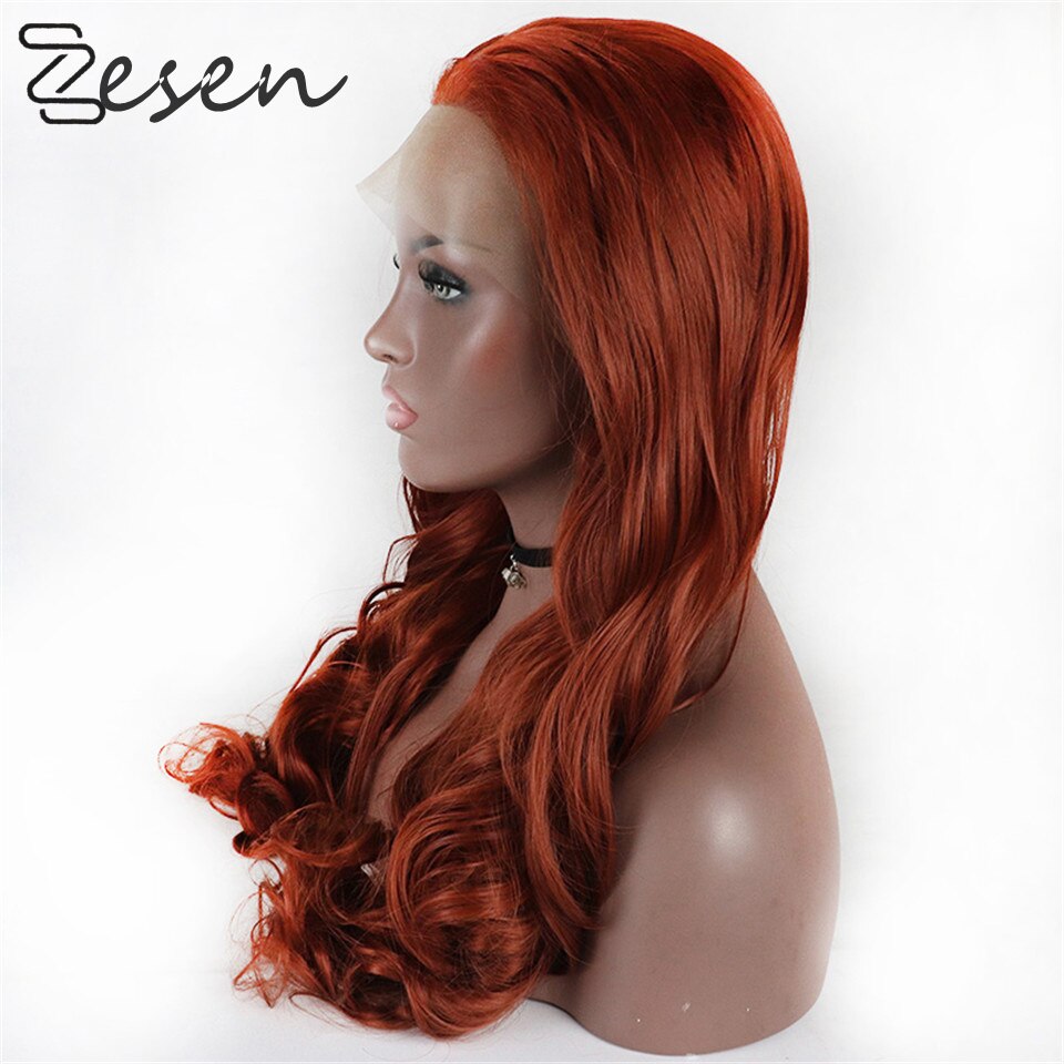 Zesen Orange 13*Lace Front Wig High Temperature Fiber Copper Red Long Wavy Synthetic Wigs With Baby Hair