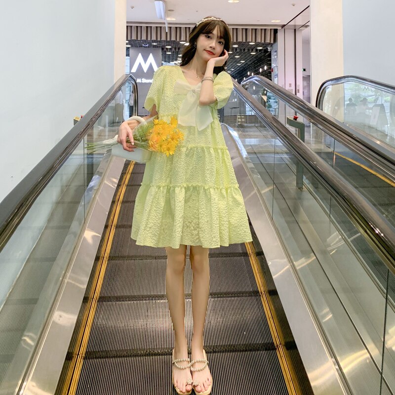 Vestido de estilo francés para mujer embarazada, ropa de maternidad con manga Hubble, Burbuja, cuello en V, Princesa de hadas, lazo, vestido de baile