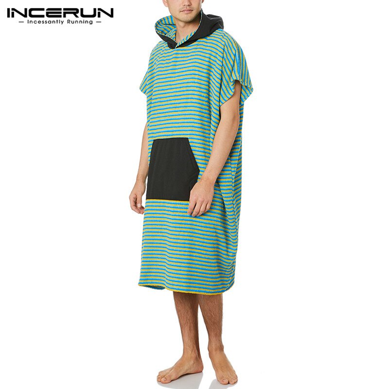 INCERUN Men Striped Patchwork Robes Hooded Sleepwear Short Sleeve Loose Bathrobes Pockets Nightgown Cozy Mens Homewear S-5XL