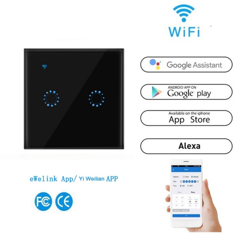 WiFi Smart Light Switch Screen Touch Wireless Smart Wall Switches Remote Control Black White 3 1/2/3 Gang: E / UK Standard