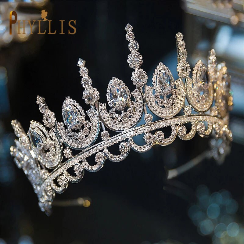 A213 Zirkoon Bruiloft Ronde Crown Luxe Diadeem Hoofdband Rhinestone Hoofddeksel Bridal Hoofddeksels Koning Tiara Prinses Haar Jewerly: Licht Geel Goud Kleur