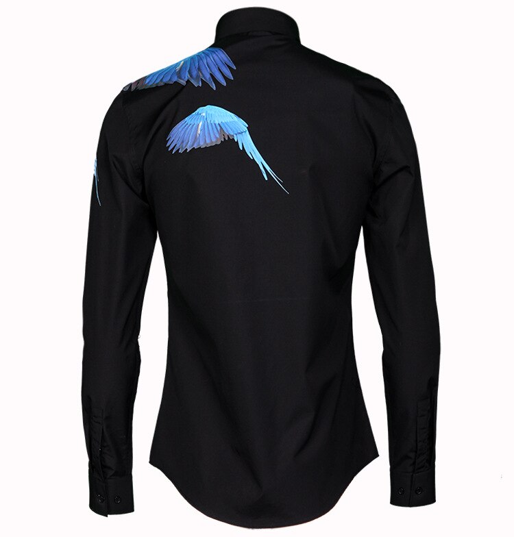 Lyxig flygande minlgu fåglar tryckt skjorta män casual långärmad slim fit herrklänning plus size 4xl skjortor man