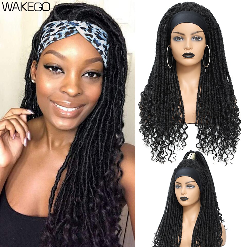 Wakego Wig Ombre Headband Wig 1B/1B 27/1B 30/1B Grey Colors Dreadlock Wig Turban Wig Curly End Goddess Faux Locs Braided Wig: 1B Color