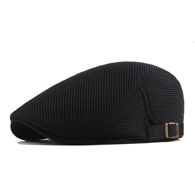 Spring Summer Men's Beret Solid Color Hollow Mesh Cap Breathable Adjustable ladies Sun Hat: Black