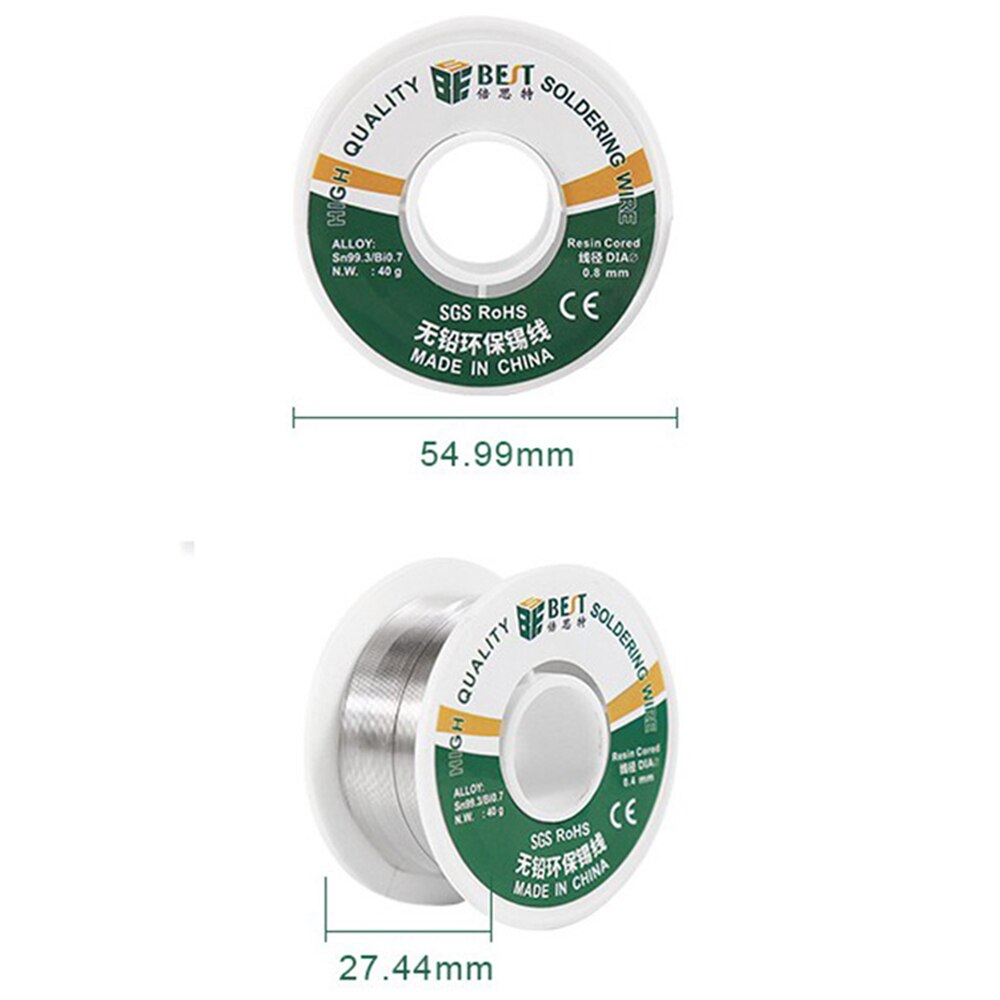 Alambre de soldadura sin plomo, 40g, 2.0% colofonia Core Sn99.3/Bi0.7 0,4/0,8mm, carrete de alambre de soldadura para herramientas de soldadura electrónica