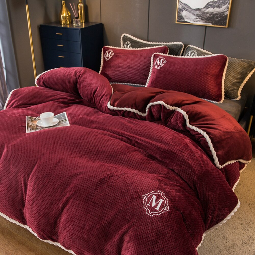 Housse de couette en flanelle rouge vin, ver doux, housse de couette en molleton, 1 pièce, épaisse et chaude