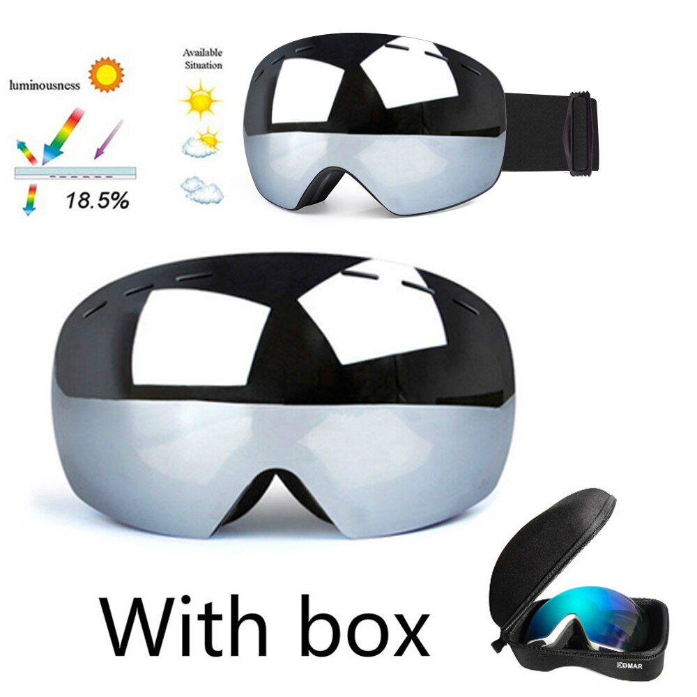 Skibriller uv400 sfæriske dobbeltlag anti-tåge beskyttelse holder varme store linser sne glasessnogbræt sne beskyttelsesbriller: Sølv med æske