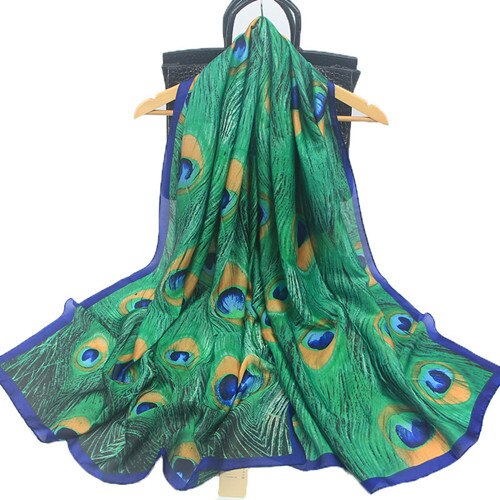 Zfqhjj kvinder luksusmærke chiffon silketørklæde grøn påfugl fjerprint langt sjal stort pashmina wraps hunfoulard 180 x 90cm: Default Title