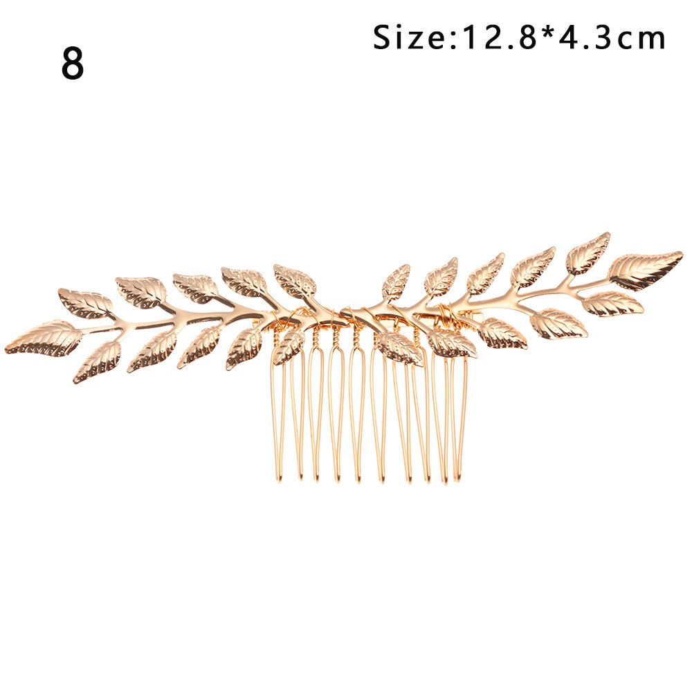 Gyllene retro blad hårband metall hår båge bröllop hår krona tiara hår kammar brud pannband dekor hår styling verktyg: 8