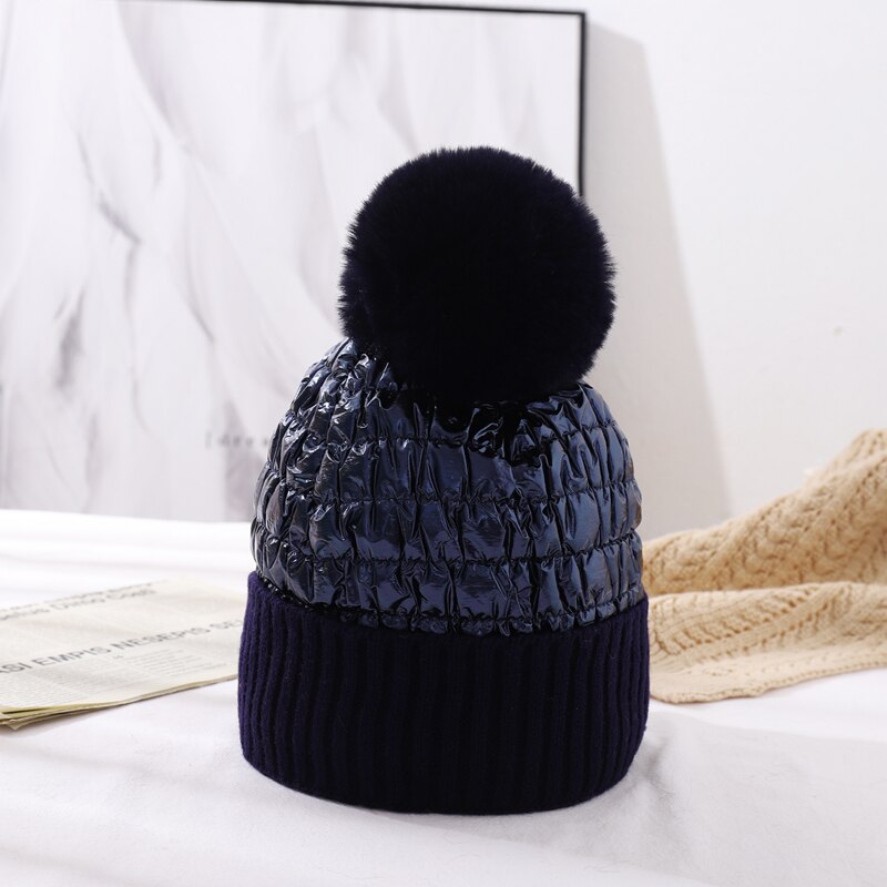 Cntang hoed voor dames, warme wintermutsen, donsmutsen, imitatie konijnenbont pompon, reflecterende mutsen, dames casual pet: Marineblauw