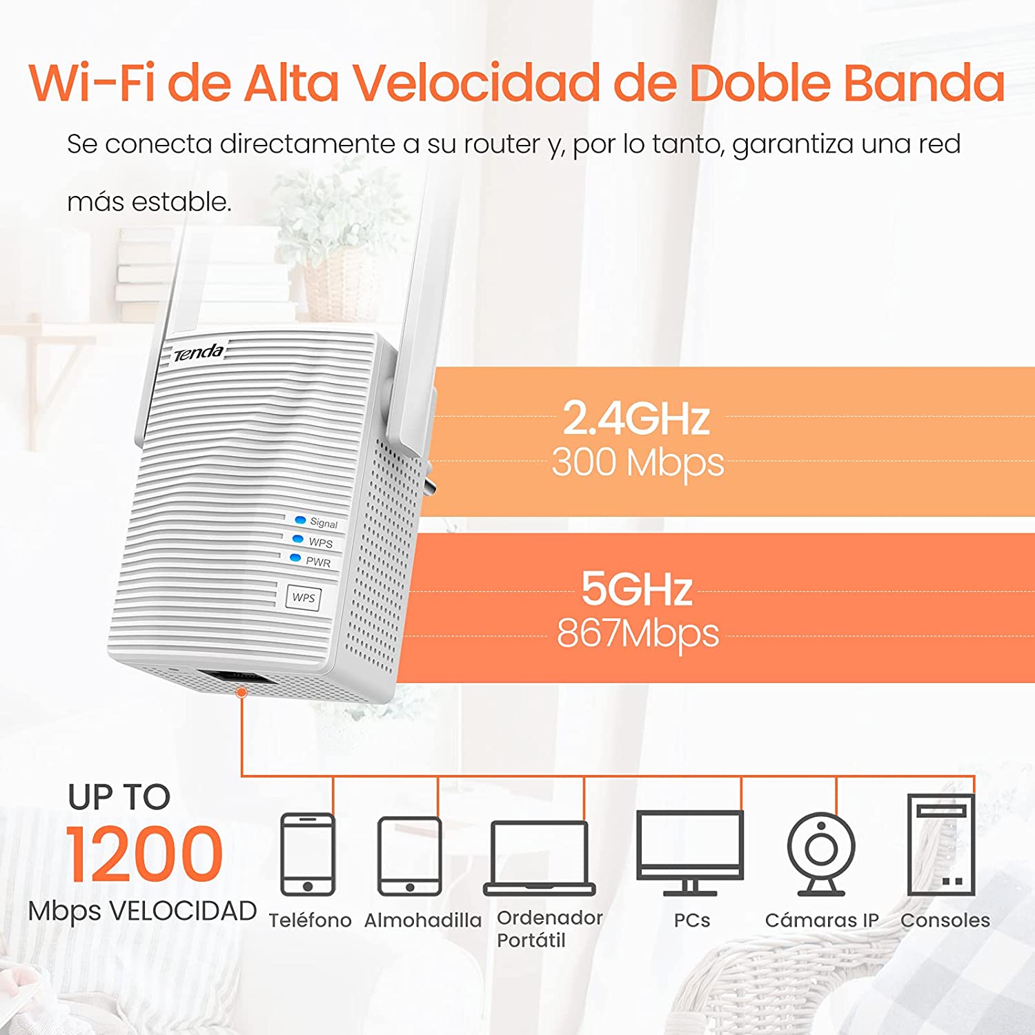 Amplificatore di copertura WiFi extender ripetitore di rete Tenda A18; 1200AC; Dual Band 2,5Ghz 5GHz 100Mps; Porta Ethernet veloce; Doppie antenne