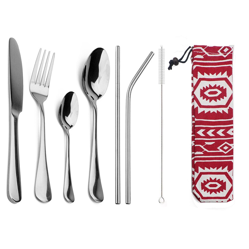 8 st/set återanvändbar regnbåge bärbar bestickset i rostfritt stål matservis bestickset knivgaffel med väska med halmstrå