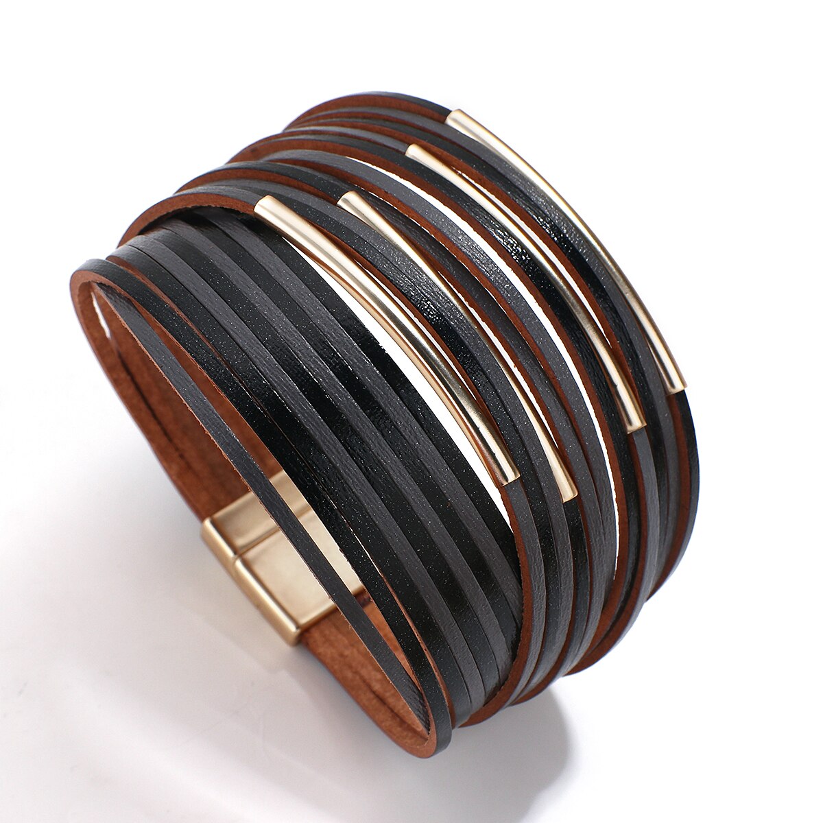 Allyes Eenvoudige Dubbele Kleur Slanke Strip Lederen Armband Voor Vrouwen Mode Metalen Buis Multilayers Wide Wrap Armband Vrouwelijke Sieraden: Black