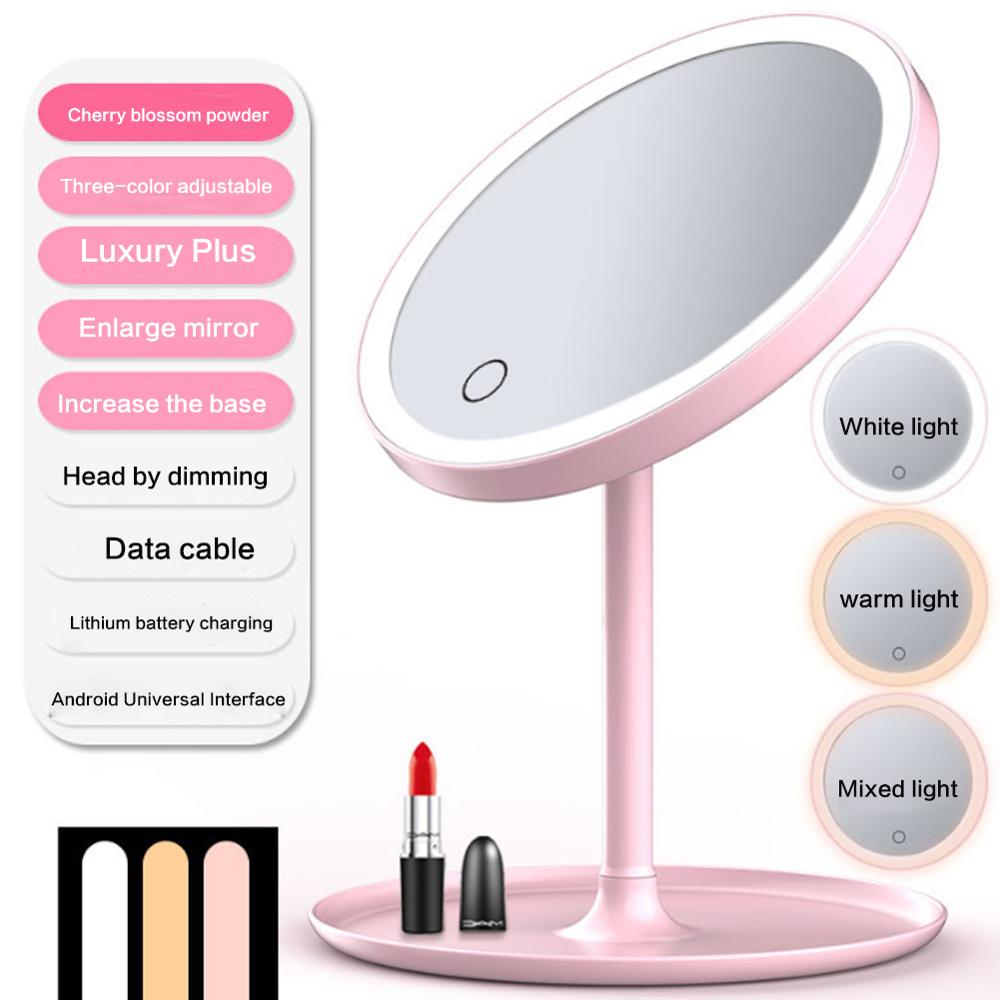 Girls Table Mirror USB Charge LED Makeup Mirrors with Ring Light HD Vanity Mirrors Smart Touch Control Illuminated Stand Up Desk: 3 color light pink