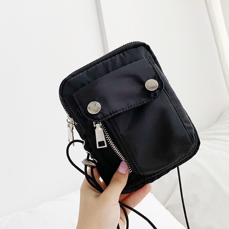 Solid Color Women Mini Crossbody Phone Bag Brand Ladies Crossbody Shoulder Bag Street Style Nylon Purse Whole: black