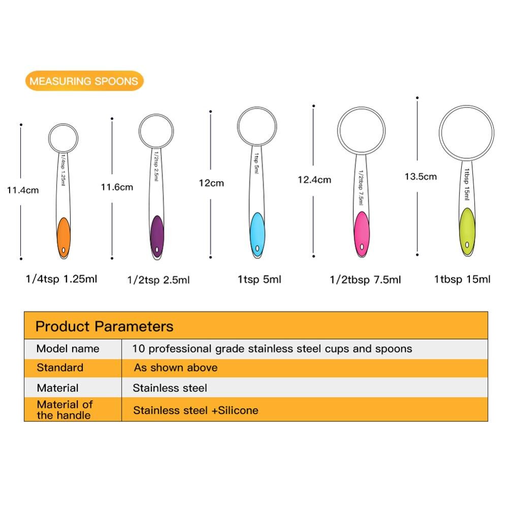 10 Stks/partij Rvs Maatbekers En Lepels Duurzaam Keuken Koken Bakken Meetinstrumenten Met Siliconen Handvat