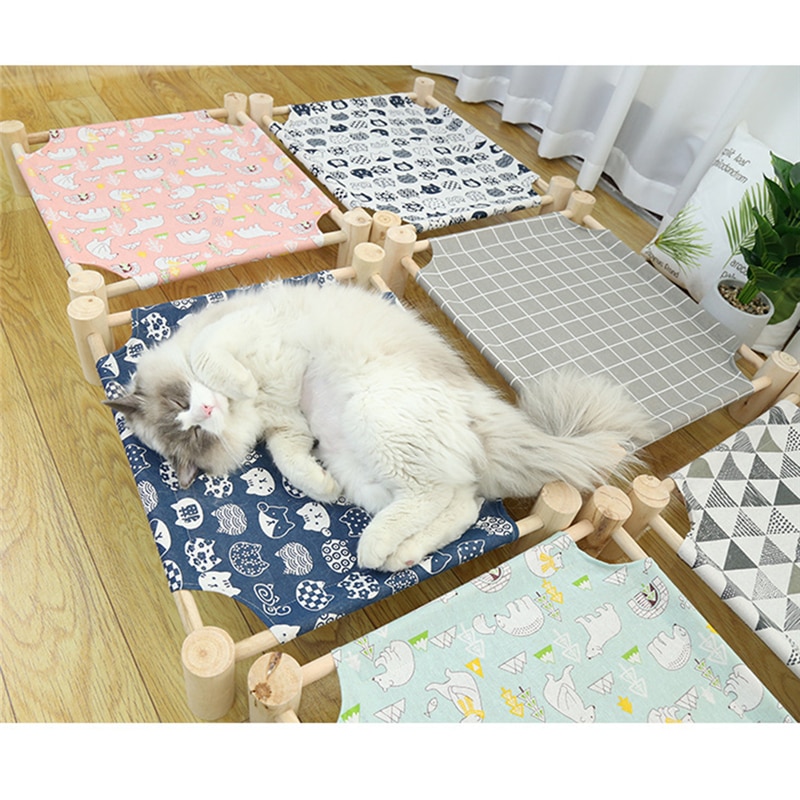 Cama elevada para gatos, cama de hamacas de lona de madera para perros pequeños, conejos y gatos, suministros duraderos para mascotas