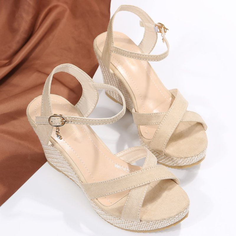 Sandalias de cuña a la para mujer, zapatos de plataforma con punta abierta antideslizantes informales de verano, suela de goma con hebilla, sandalias de tacón elegantes para mujer: Beige / 40