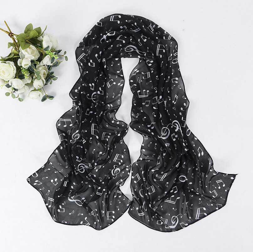 Sciarpe lunghe in voilà lungo da donna scialli stampati con Nota musicali avvolge sciarpe sottili autunnali alla moda: nero