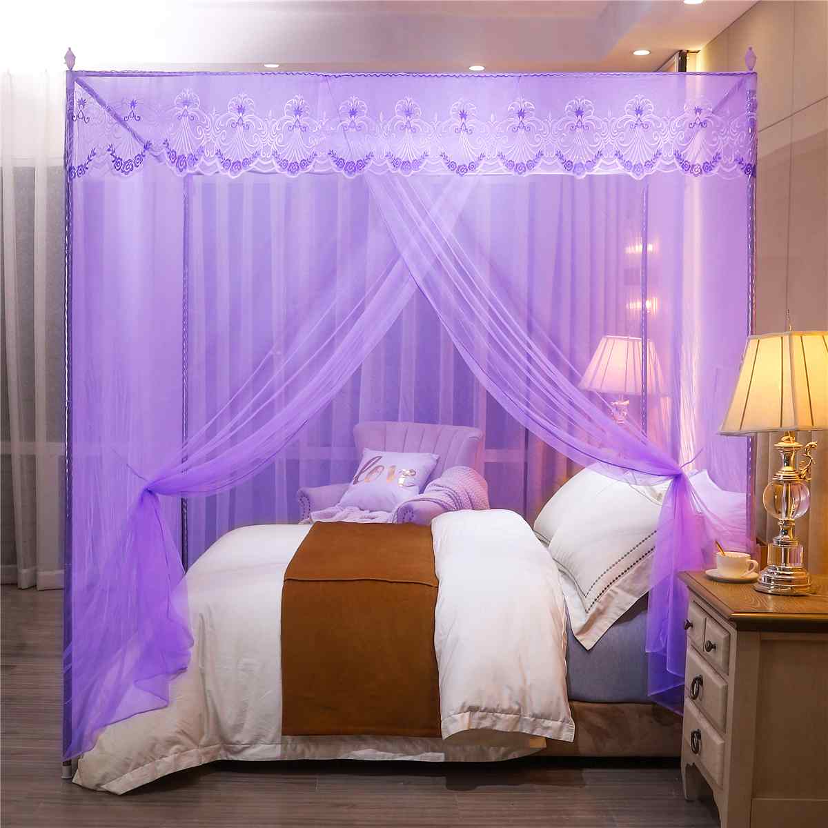 Mosquito Net Single Side Openings Four Corner Bed Post Bed Canopy Mosquito Net Luxury Princess Style Full Queen King Size