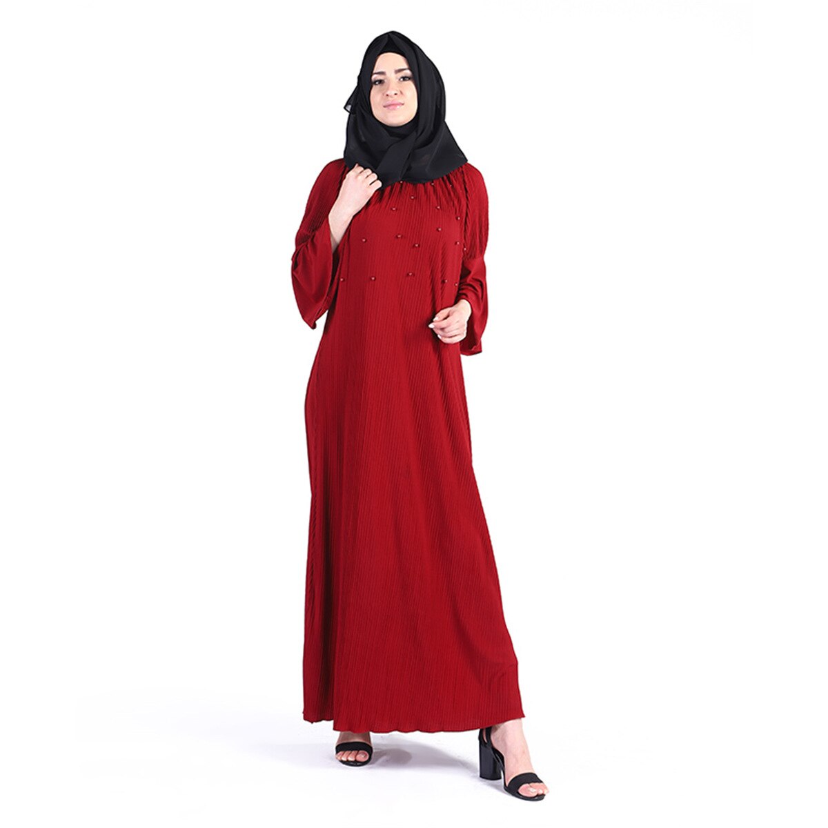 Blauw Zwart Kaki Maroon 142cm Lange Abaya Gebreide Elastische Materiaal Moslim Jurk